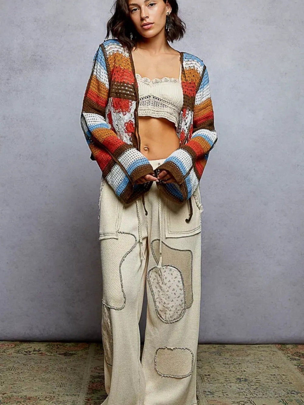 POL Flower Power Boho Stripped Crocheted Cardigan New In Poly - Picture 5 of 5